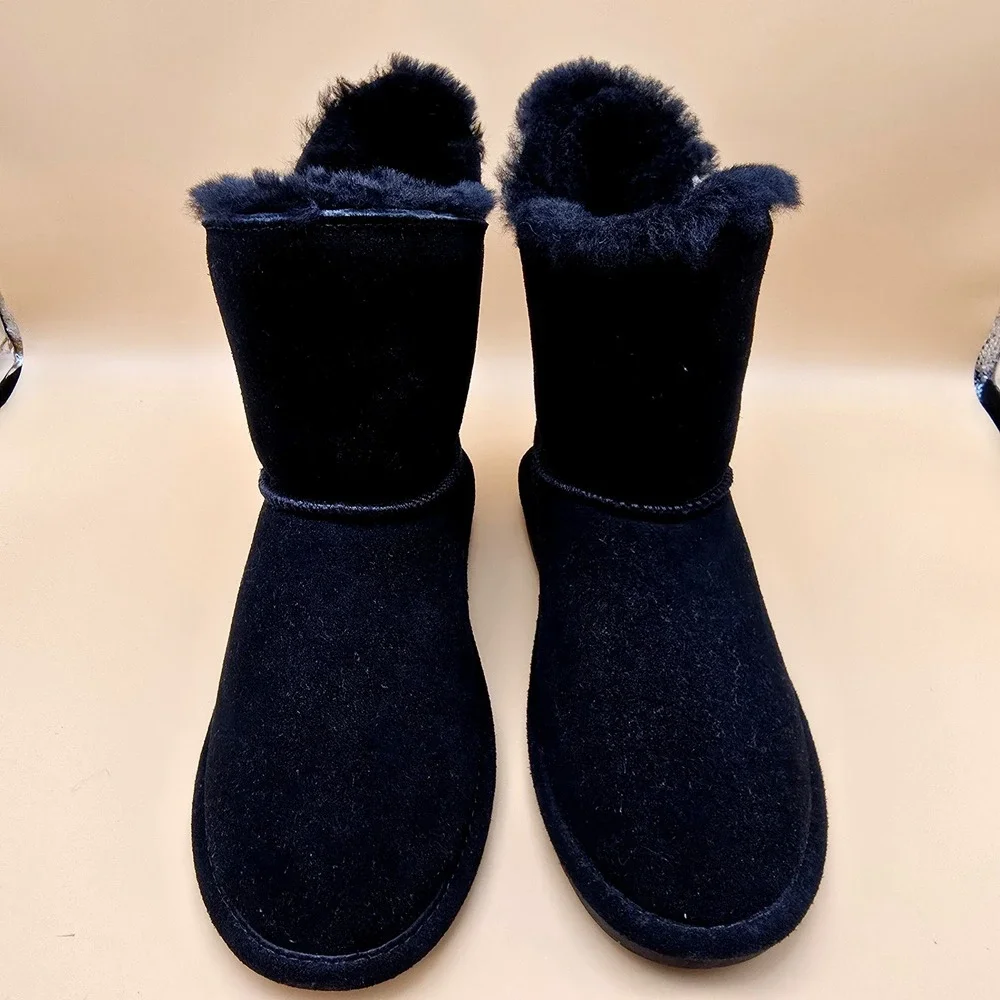 Bearpaw Rosie Black Suede Sheepskin Wool Fur Button Boots 1653W Womens 9